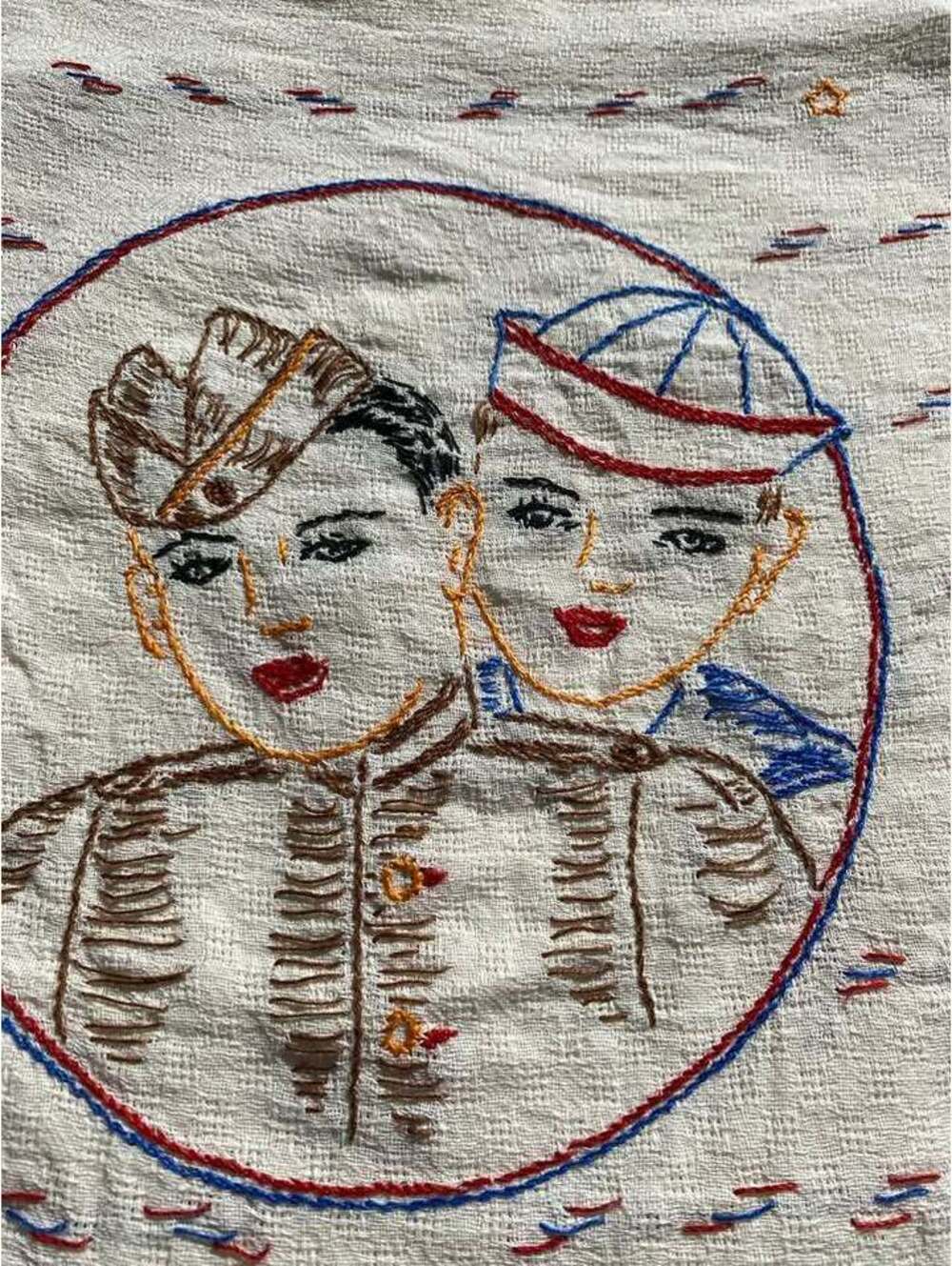 Vintage WWII Era Hand Embroidered Military Sweetheart Textile